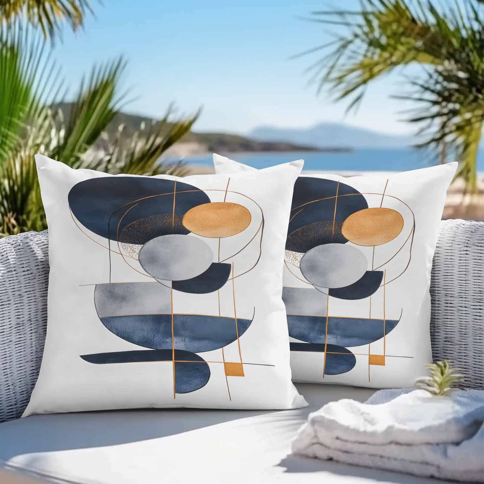 Navy Blue Abstract Art Outdoor Pillow Covers 16x16 Inch Throw Pillow Covers Set of 2 Waterproof Decorative Pillow Cases Contemporary Geometric Luxury Cushion Covers for Patio Furniture Garden Couch