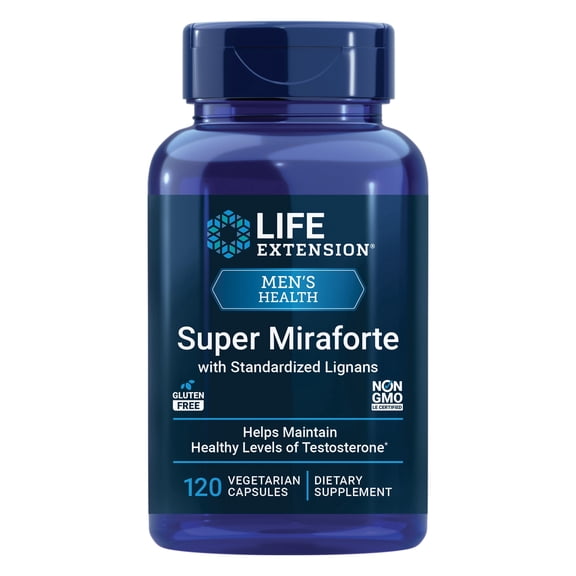 Life Extension Super Miraforte with Standardized Lignans, chrysin, nettle root, muira puama, maca, zinc, focused formula for testosterone benefits, vegetarian, gluten-free, non-GMO, 120 capsules