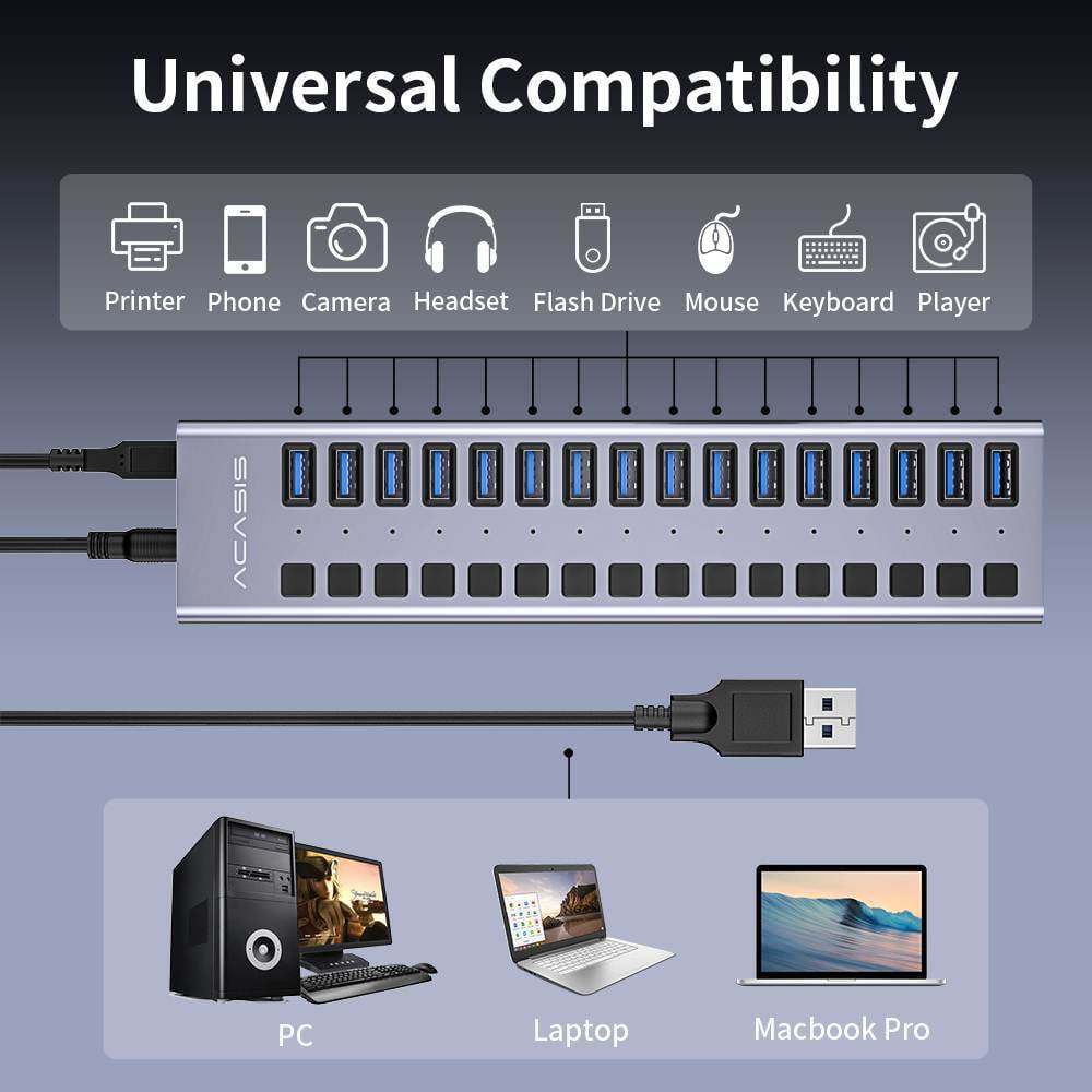 ACASIS 16 Ports 90W USB 3.0 Hub, Aluminum Housing, Individual Switches, 12V/7.5A Adapter, 5Gbps Speed