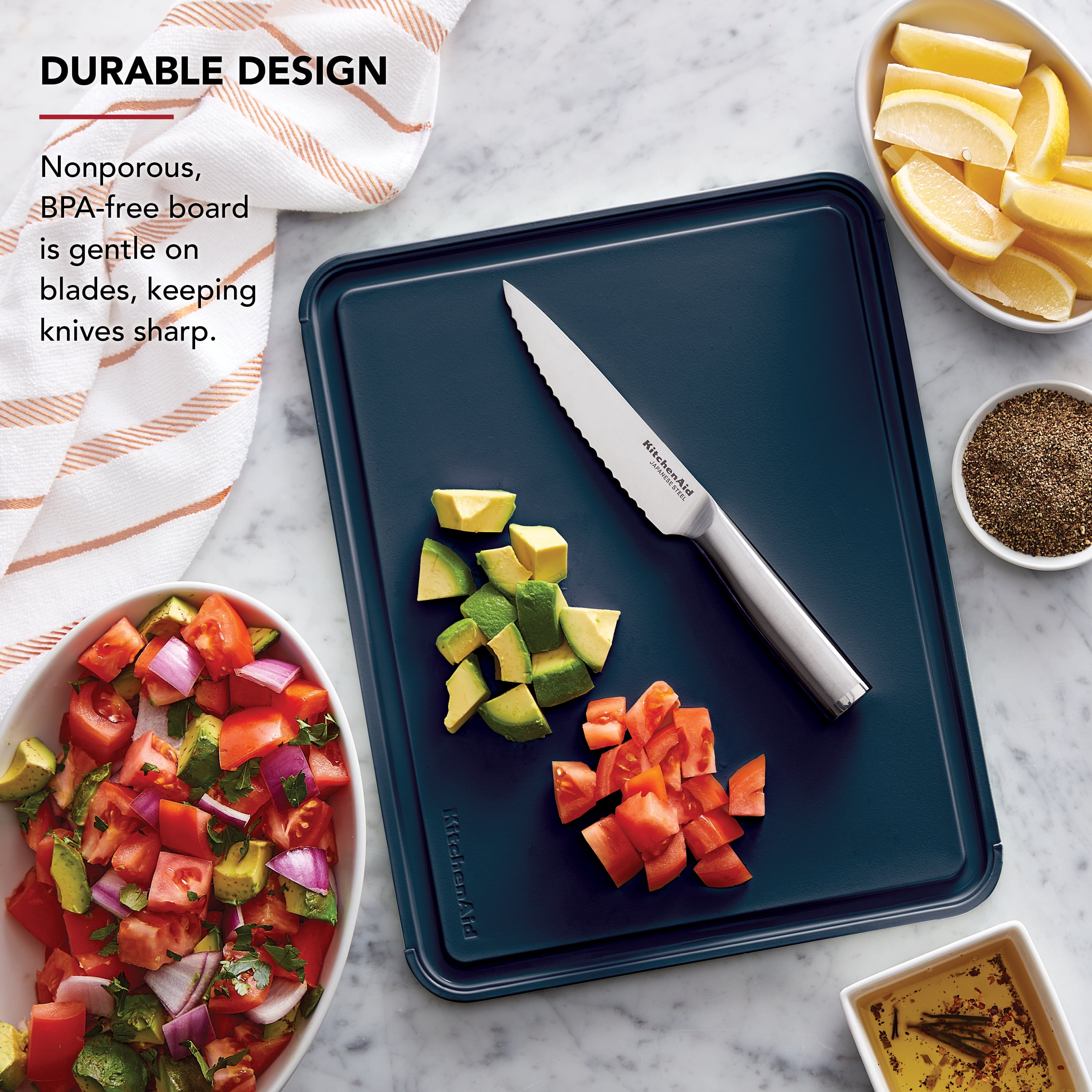 KitchenAid Classic Plastic Cutting Board with Trench, Non-Slip Edges, Dishwasher Safe, 11x14, Ink Blue