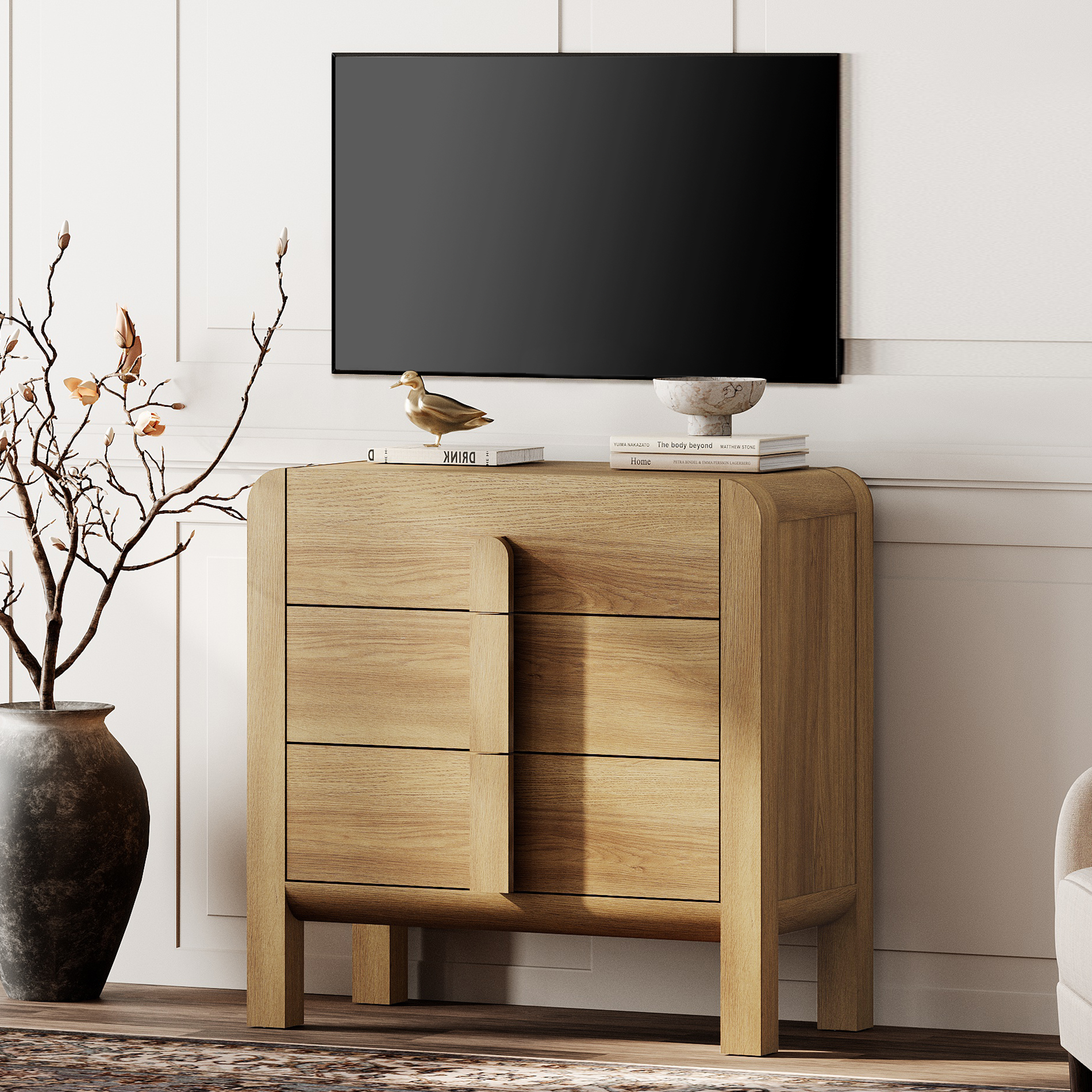 31.5 Inches Curved Dresser TV Stand, Mid Century Modern Entertainment Center, Wooden TV Console with Storage for Living Room,Bedroom