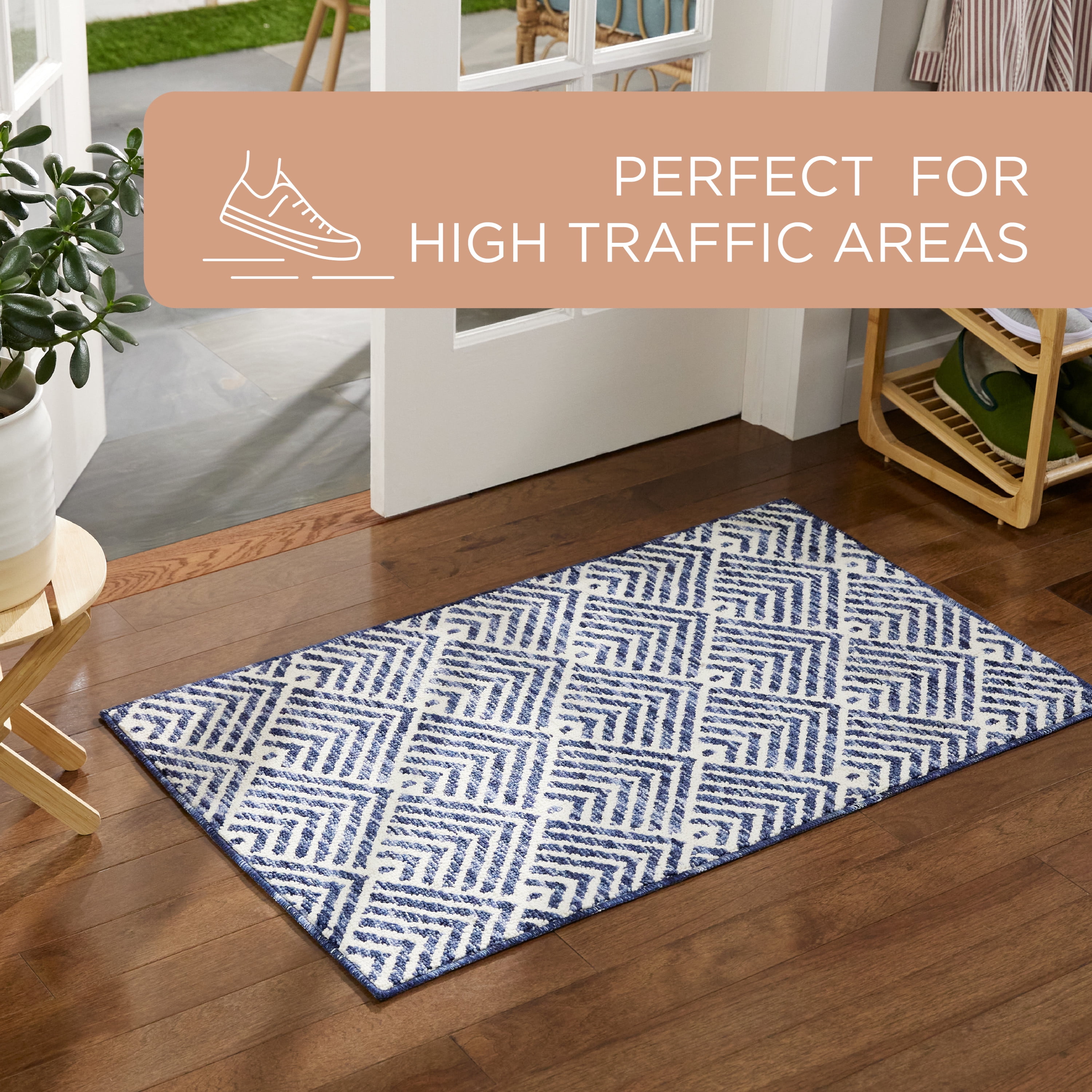 TOWN & COUNTRY EVERYDAY Walker Modern Stripe Everwash® Washable Multi-Use Decorative Rug with Non-Slip Backing, Navy Blue, 24"x72"