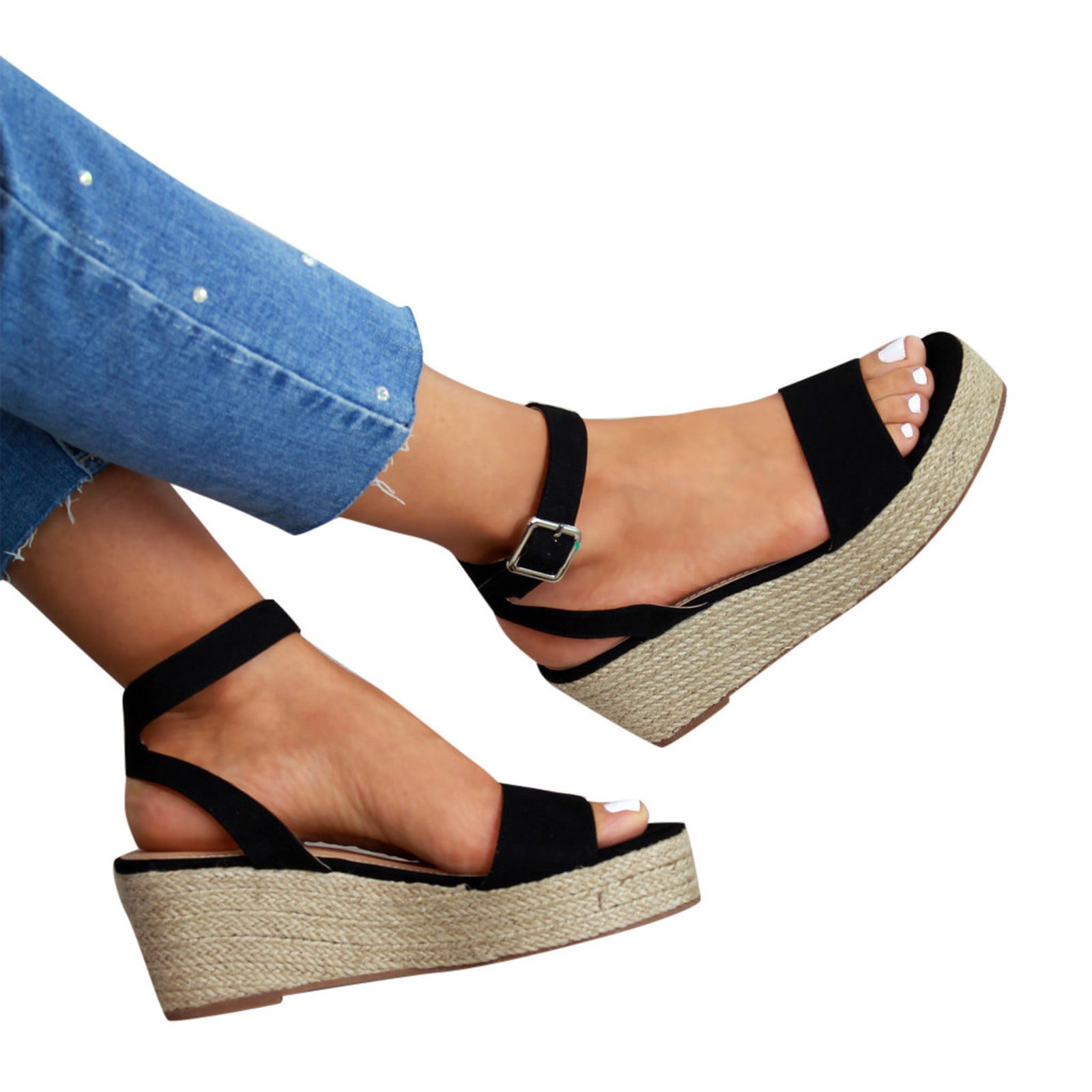 Women Wedges Sandals,Ladies Roman Sandals Fashion Solid Color Non-Slip Lightweight Peep Toe Buckle Strap Roman Shoes 