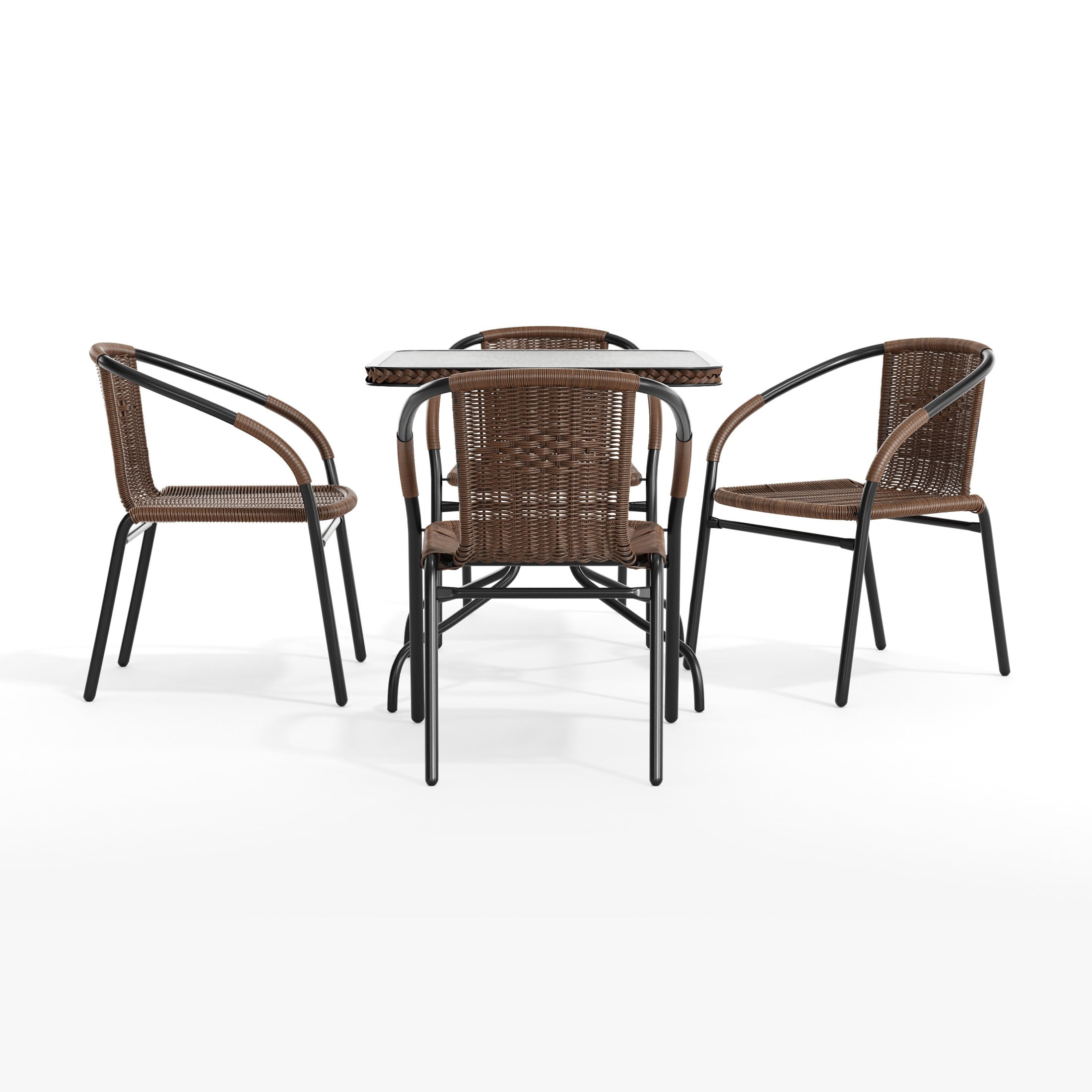 Flash Furniture 28'' Square Glass Metal Table with Dark Brown Rattan Edging and 4 Dark Brown Rattan Stack Chairs