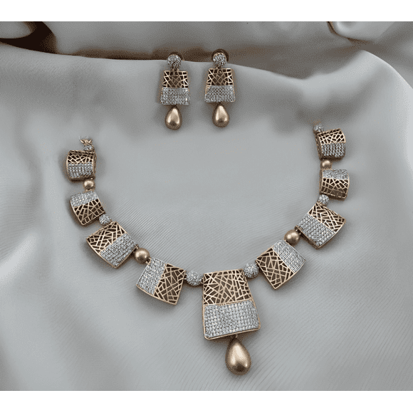 Diamond Gold Necklace - Indian Designer CZ Jewelry, AD Gold Plated Necklace, South Indian Temple Bridal Wedding Jewelry Set for Women