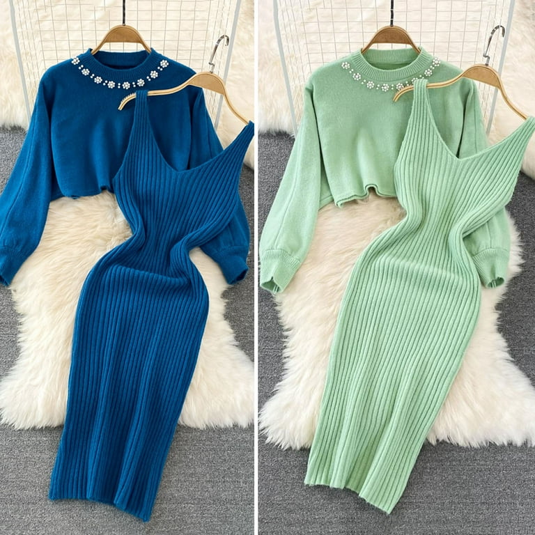 Fashion V-neck solid color sleeveless beaded knitted dress Fashion V-neck solid color sleeveless beaded knitted dress