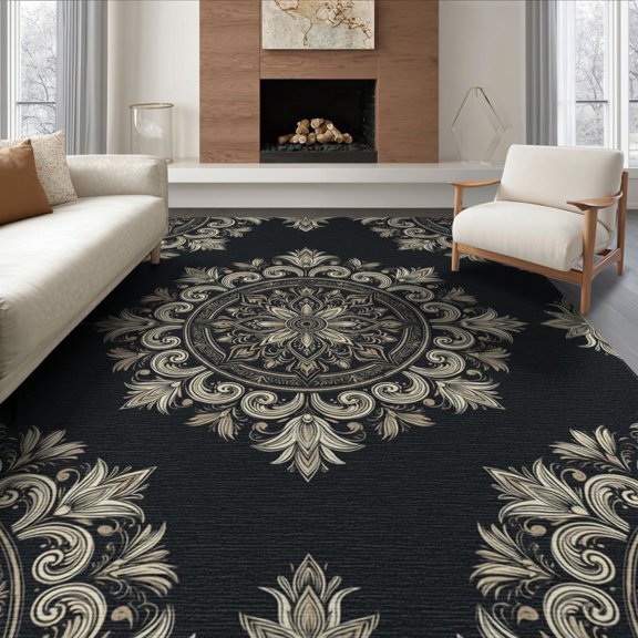 ODIKA 8'x10' Washable Area Rug Non-Slip Chair-Friendly Mat Distressed Scroll Scrollwork Border Southwestern Boho Vintage Refined Structured for Dining Room, Large Office, Lounge