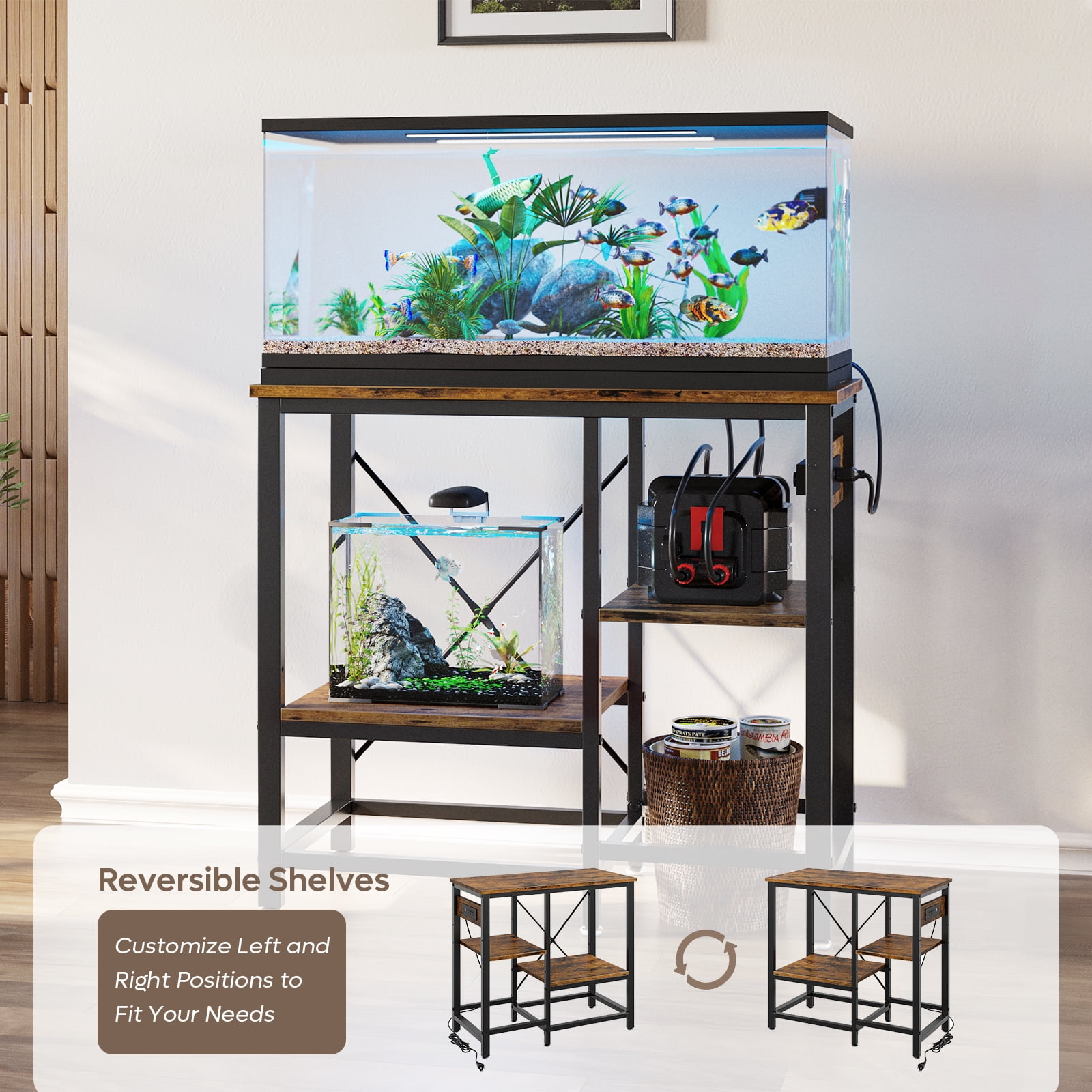 Bestier 20-29-37 Gallon Fish Tank Stand with Power Outlets, 3-Tier Heavy Duty Metal Aquarium Stand Reversible Storage Shelf