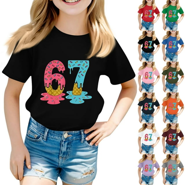 Six Seven Costume Pyjama Mode Enfant Décontracté Imprimé Col Manches Courtes T-Shirt Haut Noir 120
