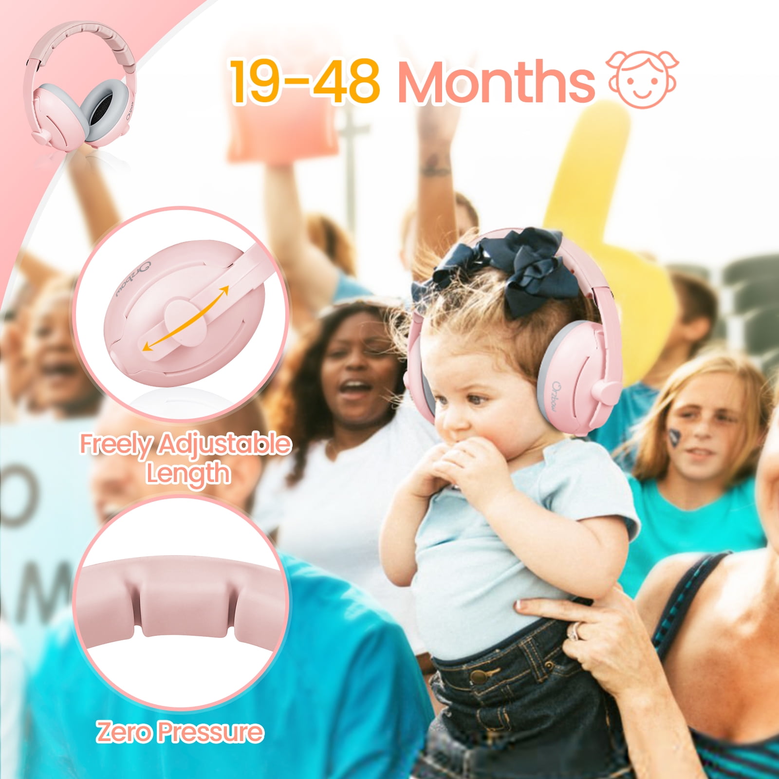 Orzbow 2-in-1 Baby Ear Muffs Noise Protection, Noise Cancelling Headphones for Babies up to 48 Months, Adjustable Infant Ear Protection with Non-Slip Band for Airplane Travel Sleep, Pink