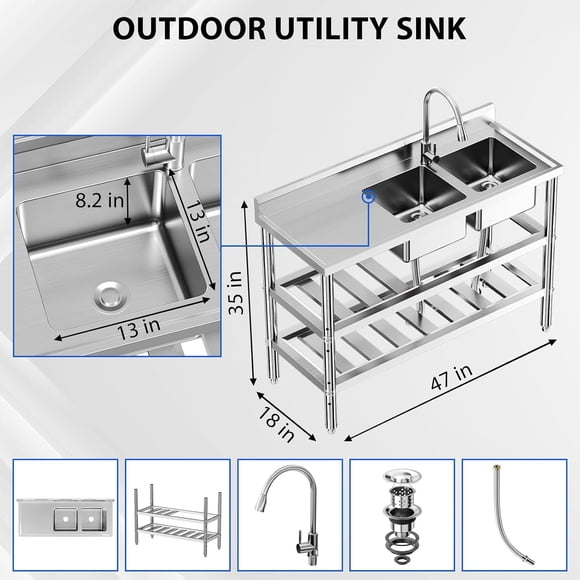 47 By 18 By 35 Inches Freestanding Dual Bowls Stainless Steel Utility Sink with Adjustable Legs Efficient Clog-Resistant Drainage 304 Stainless Steel Pull-Out Faucet Knife Storage and Open Shelf