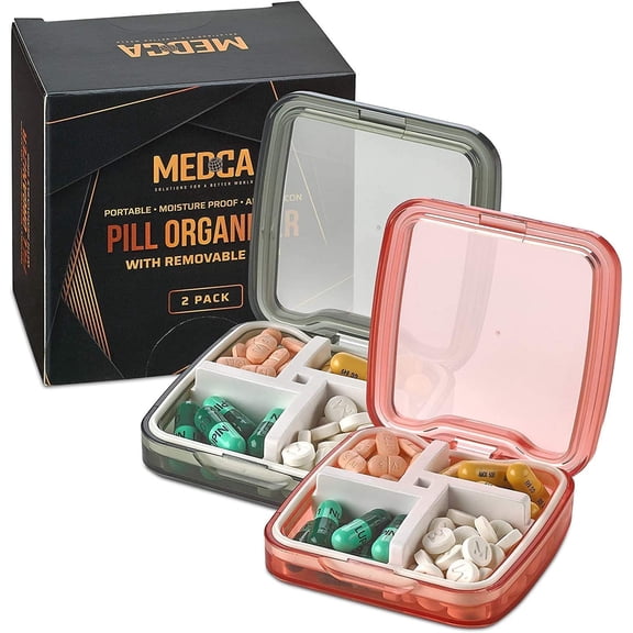 Compact Pill Box Organizers - Pack of 2-Portable Waterproof Medicine Organizer Daily Pill Containers w/ 4 Compartments and Divider, Durable ABS Silicone Pills Case for Pocket or Purse, Black and Pink