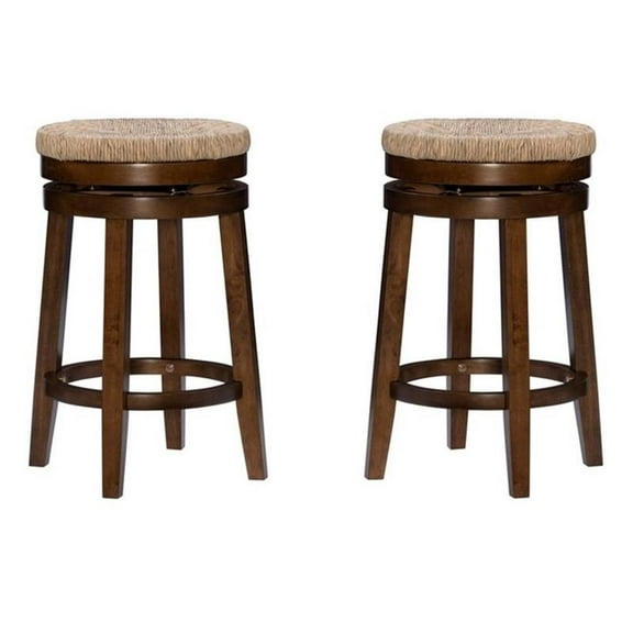 Pemberly Row Solid Wood Swivel Rush Counter Stool in Walnut Brown - Set of 2