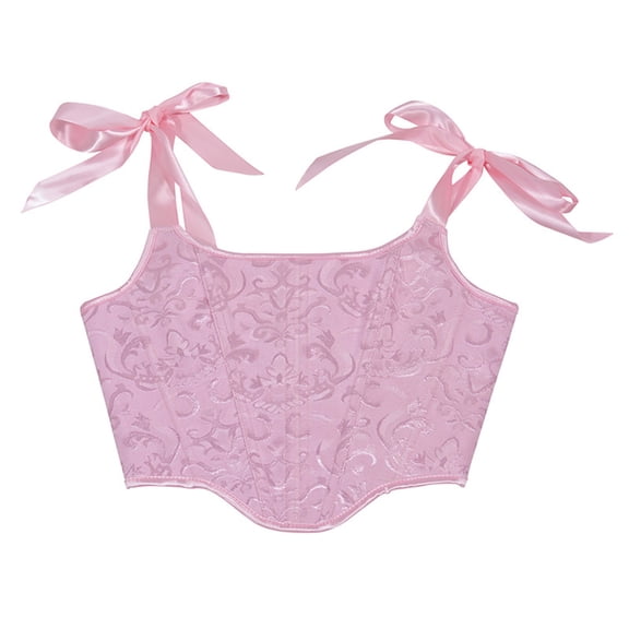 Herrnalise Women Casual Sexy Eyelet Lace-up Floral Print Fishbone Court Vintage Corset Straps Tank Top Shapewear Pink 3XL