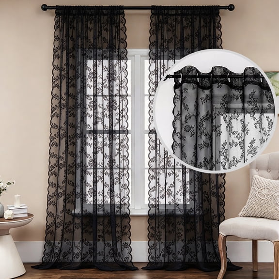 2 Panels Lace Curtains 57" x 84" - Rustic Floral Branch Leaf Pattern Lace Panel Curtains for Bedroom, Privacy Vintage Sheer Lace Curtains for Windows,Black