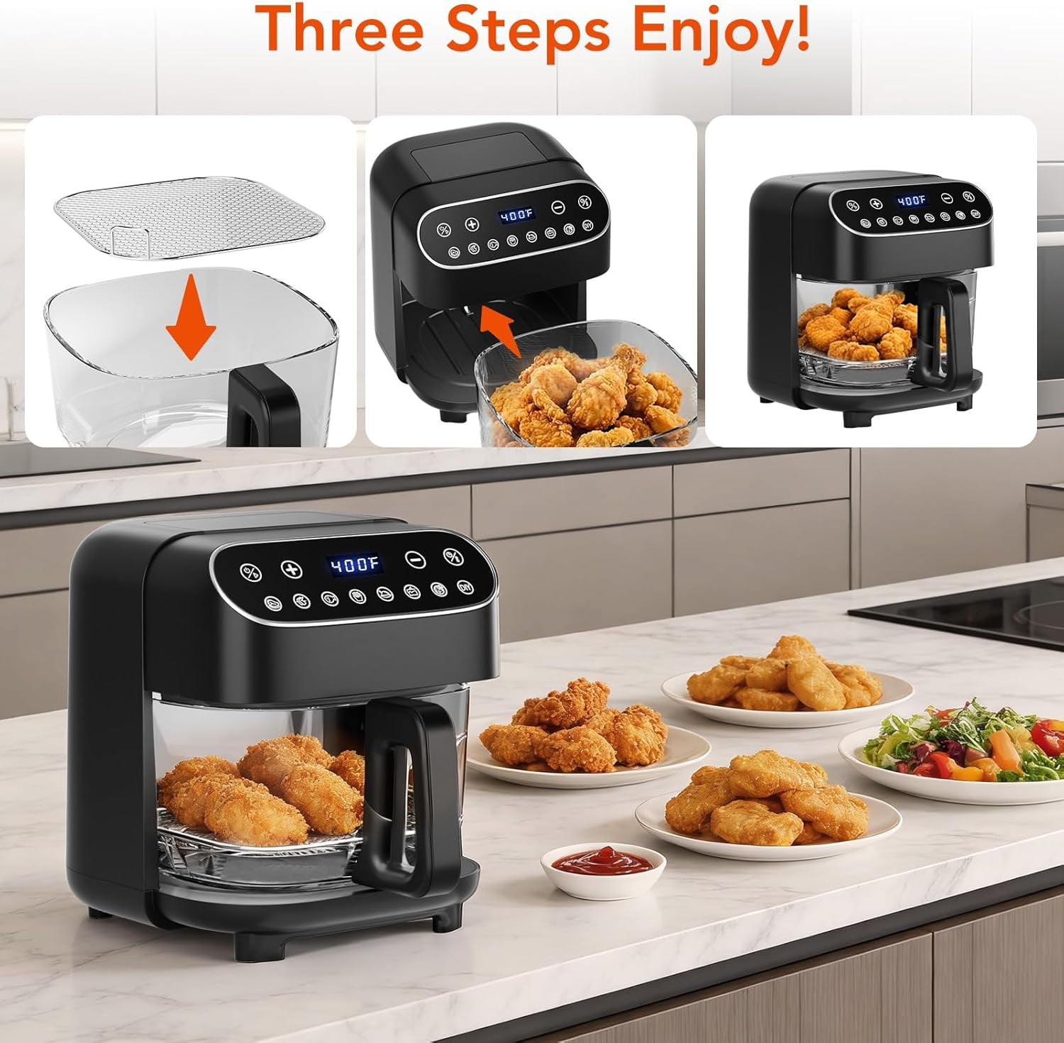 WAA 8-in-1 High Borosilicate Glass Air Fryer 4.5QT,PFSA-Free,Visible Window,Dishwasher-Safe