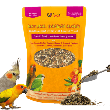Birds LOVE All Natural Garden Blend Bird Food for Medium Birds, Fruit, Nut, Vegetable & Seed Mix for Cockatiels, Conures, Parakeets & Small Quakers, Resealable Freshness Bag, 2 lb