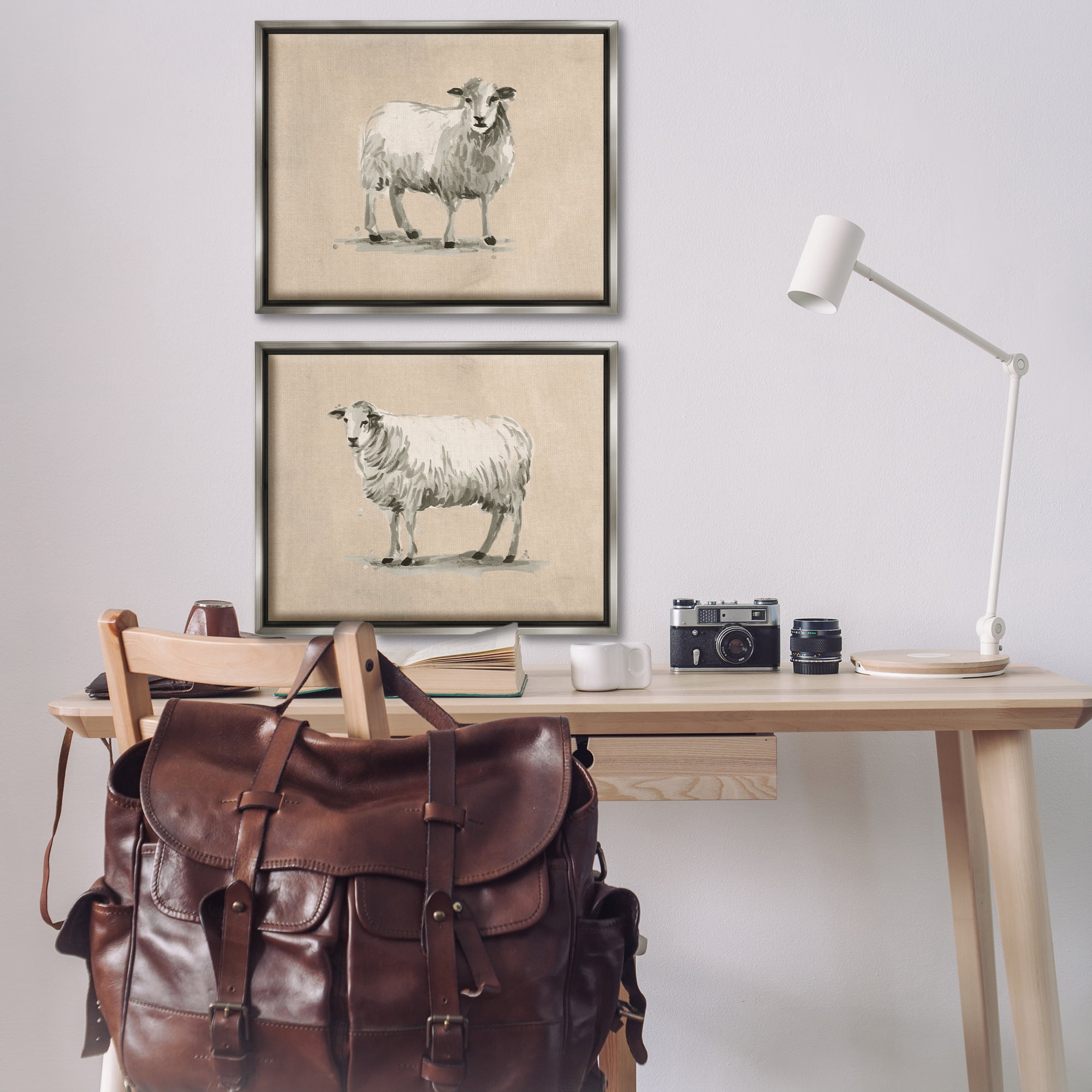 Stupell Industries Beige Sheep Portrait Animals Painting Gray Floater Framed Canvas Art Print Wall Art, 31 x 25, Set of 2