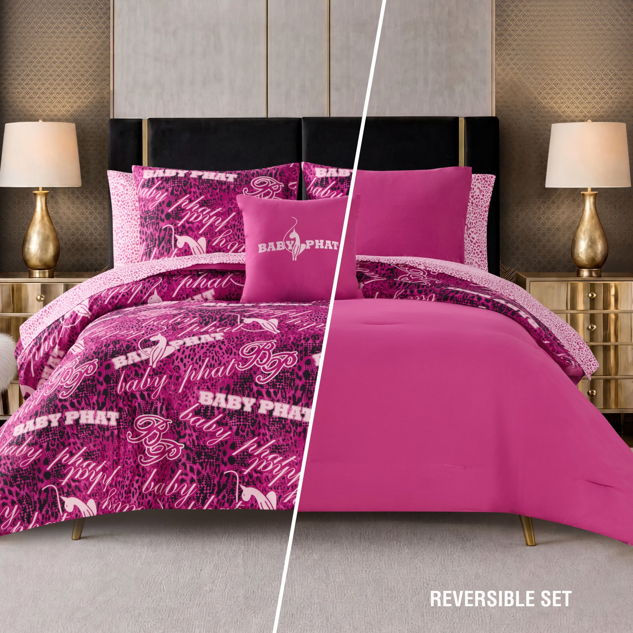 Baby Phat Tossed Logo 8-Piece Reversible Comforter Bed in a Bag, Pink, King