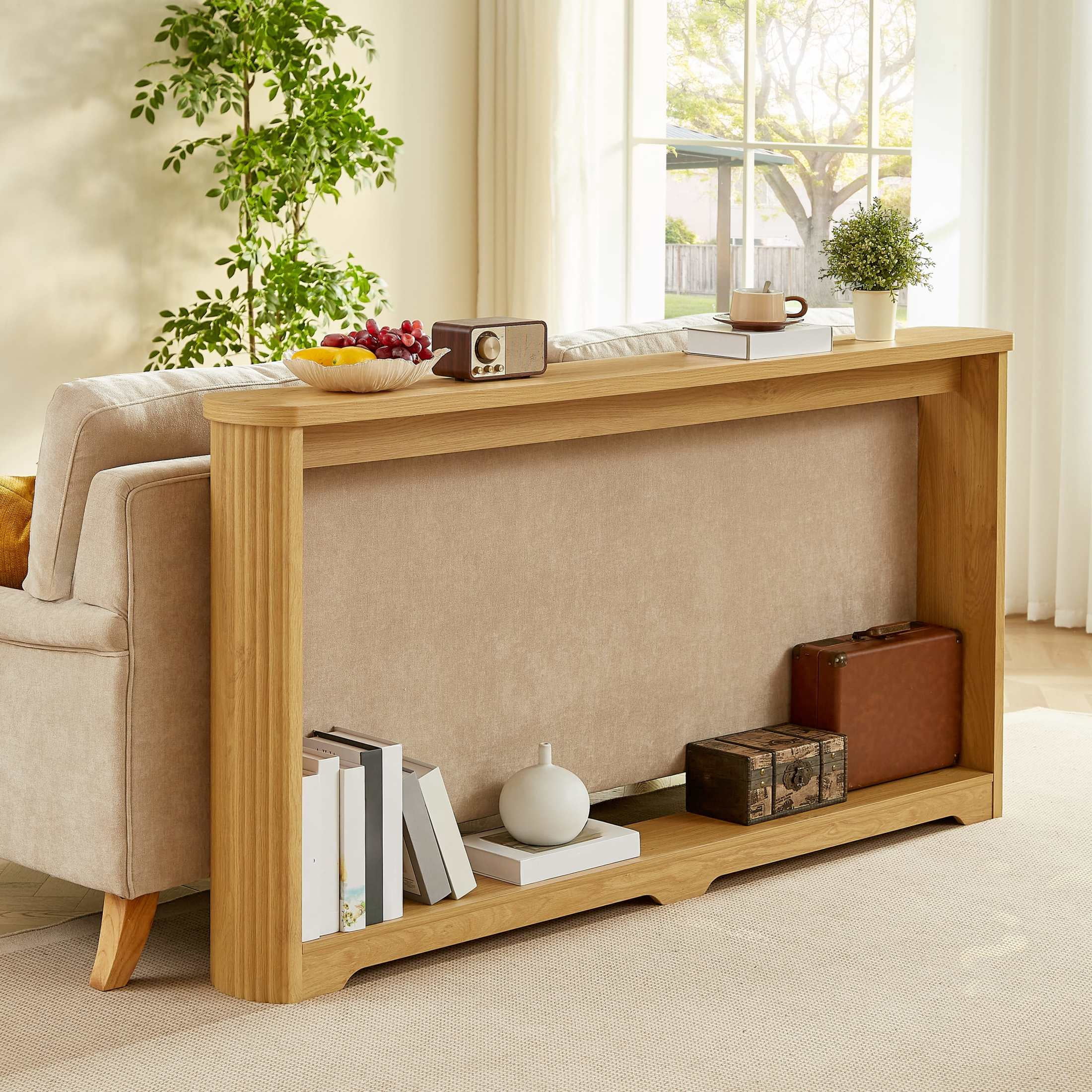 Noble House 70.1" Narrow Console Table, Modern Wave Texture Entryway & Sofa Table with Storage Shelf, Natural
