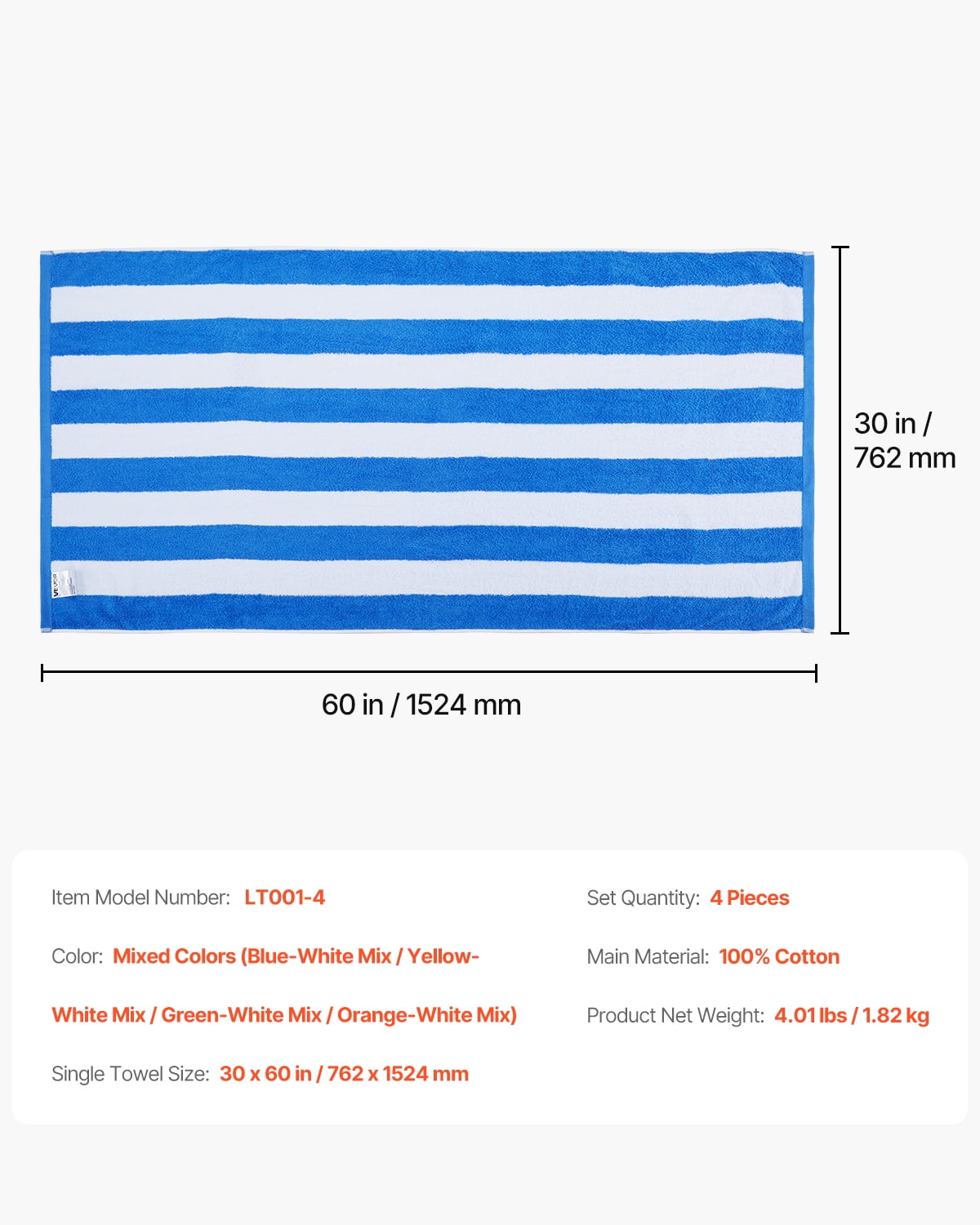 VEVOR Beach Towel, 4 Pack Oversized Beach Towels, 30 x 60 in Cabana Striped Large Pool Towel, 100% Cotton Soft and Quickly Dry Thick Swimming Towels, for Vacation, Swimming, Beaches, and Bathroom