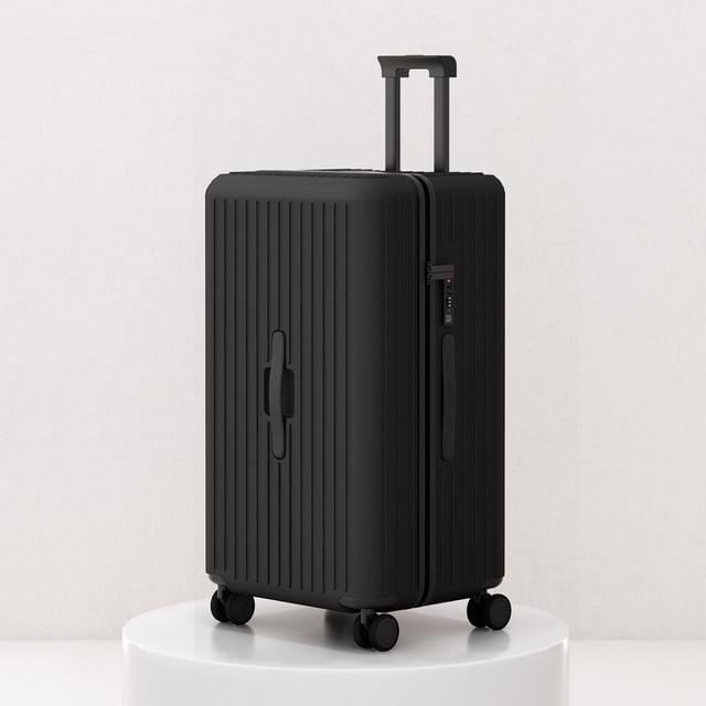 colenara equipaje nuevo estuche de embarque de 24" negro maleta rodante de gran capacidad con carcasa rígida de líneas verticales, vista 3/4 frontal con asa telescópica extendida, asas lateral y superior, cerradura incluida y cuatro ruedas giratorias; ideal para equipaje de viaje y adecuado para escapadas de fin de semana.