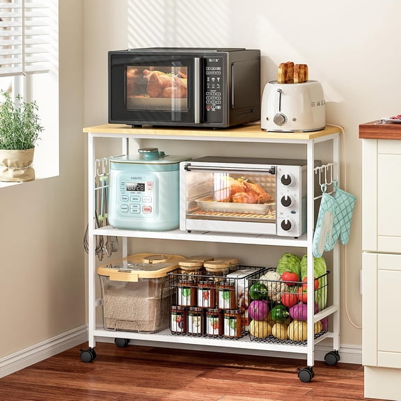 3 Tier Rolling Kitchen Microwave Cart with Adjustable Shelf and 33 Inch Top in White
