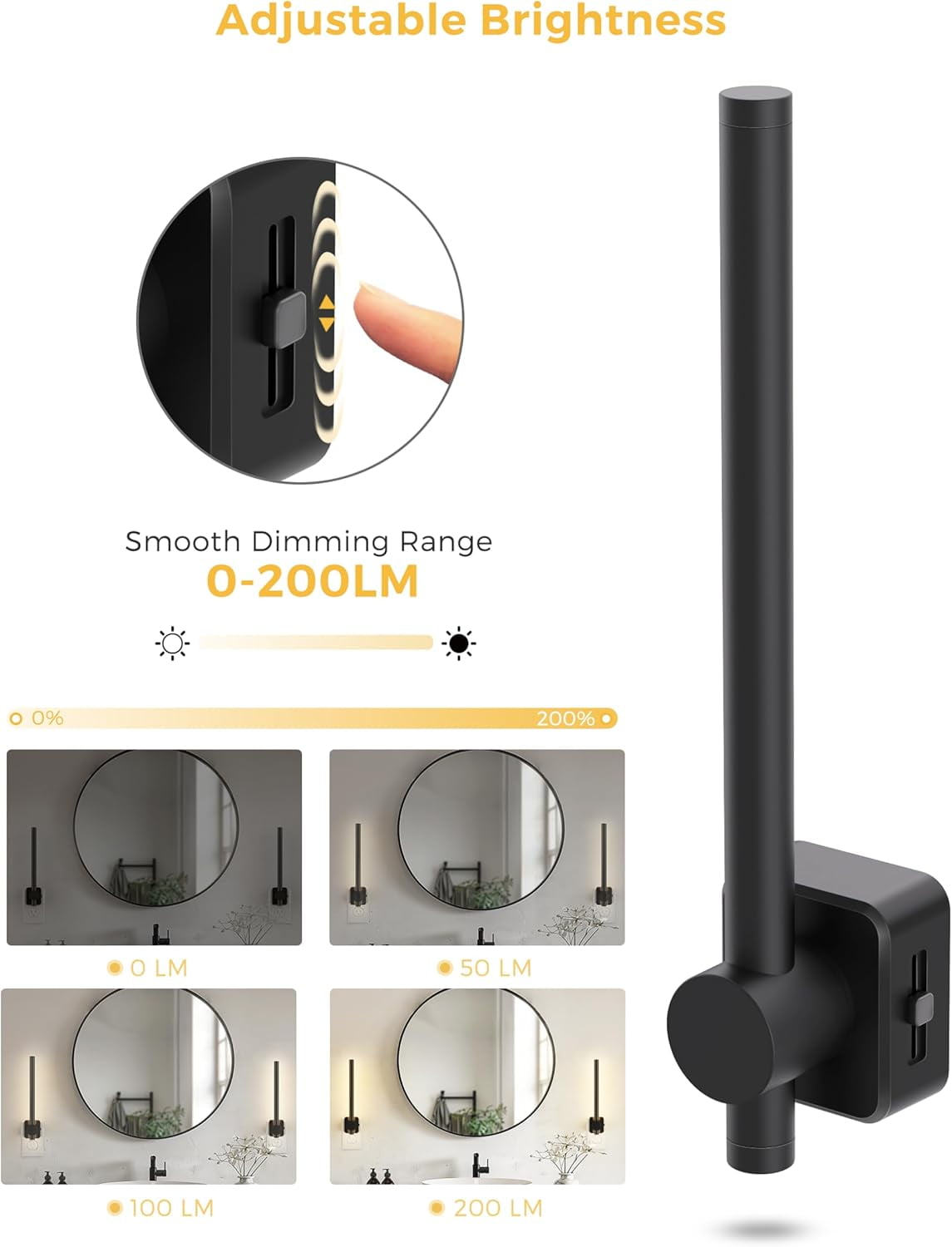 JJEAN-Night Light, Night Lights Plug into Wall, 0-200LM Bathroom Nightlight, Dusk to Dawn Sensor 2W Dimmable Nightlights, Soft White 3000K, Modern Black Night Light for Mirror Restroom, 1 Pack