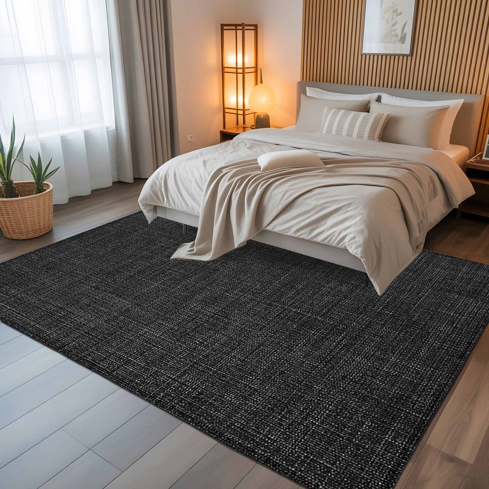 Black 8x10 Area Rugs, Farmhouse Burlap Solid Black Color Modern Linen Texture Non-Skid Rubber Backing Large Rectangle Rugs - Living Room Bedroom Home Office, Indoor Floor Mat Carpets Washable Rug