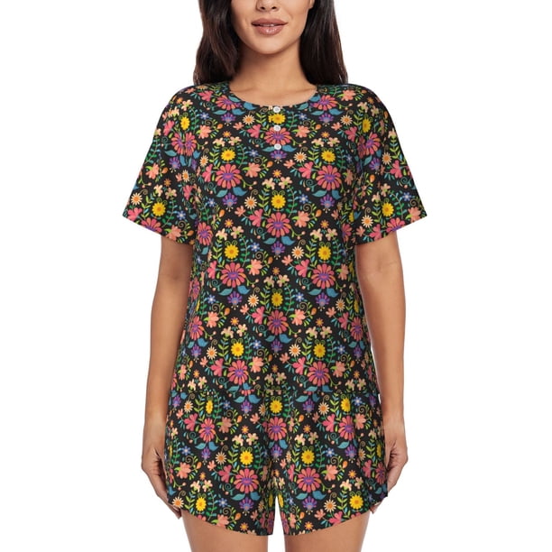 Fotbe Mexican Folk Art Floral Conjunto de Pijama Estampado para Mujer, 2 Piezas, Ropa de Dormir con Camiseta de Manga Corta y Shorts Suaves-Medium