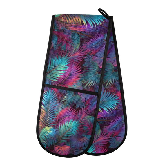 35" x7" Double Oven Mitt Heat Resistant Oven Gloves Withstands Up to 200°C for Kitchen Baking & BBQ Vibrant and Shimmering Jungle