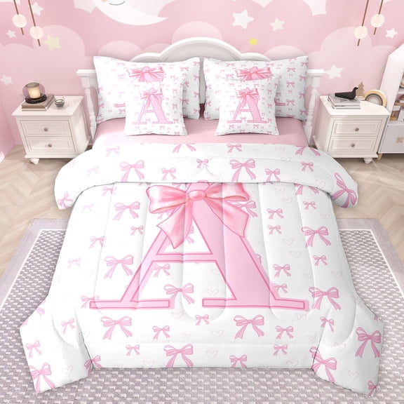 jejeloiu Letter A Monogrammed 7-Piece Twin Bedding Sets,Kawaii Cute Bowtie Bedding Comforter Set,Pink Bowknot Ribbon Sheet Sets For Girls,Microfiber Room Decorative Reversible