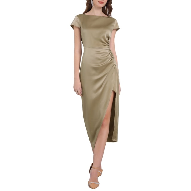INSPIRE CHIC Vestido de fiesta de satén con cuello barco, mangas cortas, abertura lateral y fruncido para mujer XL rojo