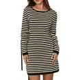 thumbnail image 3 of Fall Trendy Womens Long Sleeve Striped Pullover Sweater Crew Neck Casual Ribbed Knit Tunic Mini Dress, 3 of 5