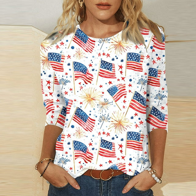 Weiqiqre Hauts de Printemps pour Femmes Chandails du 4 Juillet pour Femmes T-Shirt à Manches 3/4 Grande Taille Col Rond Hauts en Coton Doux