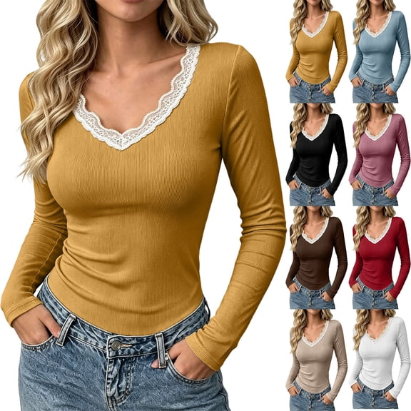 Harcomeey Winter Tops for Women Solid Color V Neck Lace Trim Long Sleeve Cute Top Ribbed Slim Fitted Shirt Soft Stretchy for Street Outfits