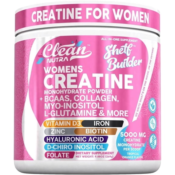 Creatine for Women, Creatine Monohydrate, BCAA Powder, Myo-Inositol, Collagen, Biotin, Hyaluronic Acid, Folate, L Glutamine, Vitamin D3, Iron, Zinc, D-Chiro, Maca Root, Digestion, Shelf Builder by Cl