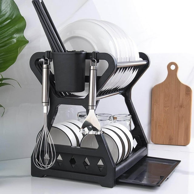 Dish Drying Rack Dish filter Mat Countertop Rack Drying Rack Dish Dish filter Display Countertop Display Stand Multifunctional for Countertop Black by Ruiboury. A black multifunctional dish drying rack with a two-tier design, holding plates, bowls, and utensils. Features a utensil holder, drip tray, and space-saving design for efficient kitchen organization.