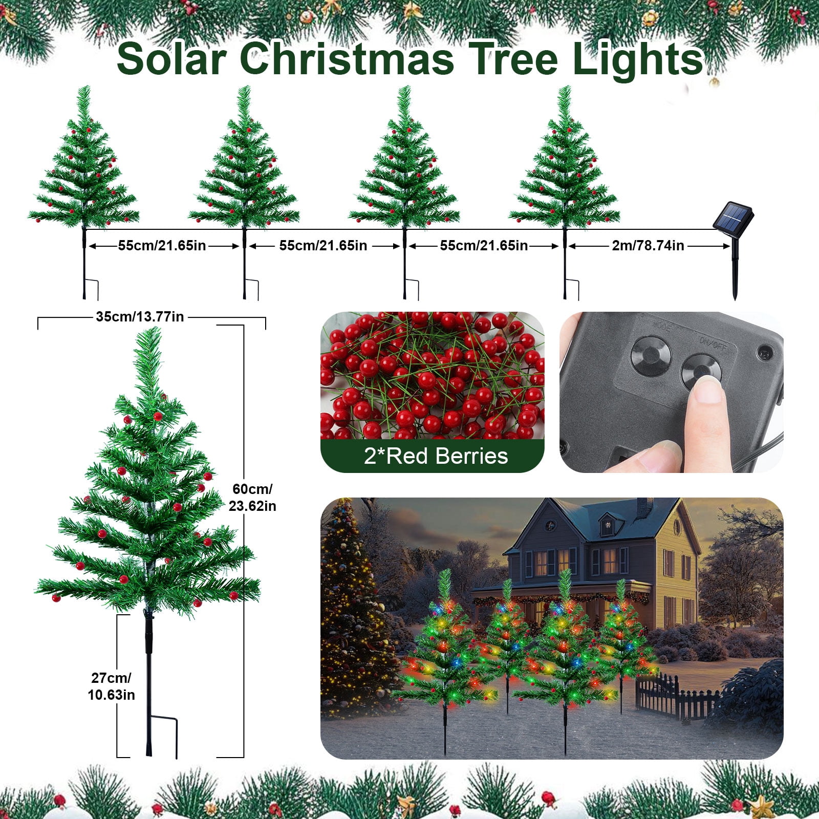 Qoosea Solar Christmas Tree Garden Stake Lights, 4 pack Waterproof Christmas Decorations Tree Lights Outdoor Xmas Tree Light Christmas Décor Pathway Lights Patio Yard