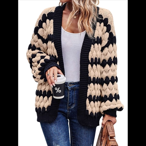 Suéter de Invierno de Punto Holgado con Rayas y Mangas Farol para Mujer, Moda de Otoño Albaricoque Negro S