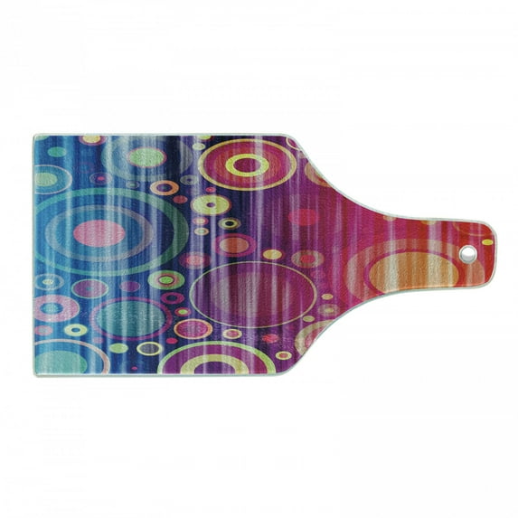 Art Cutting Board, Grunge Inspired Abstract Vivid Circles Forming Expression Psychedelic Art, Decorative Tempered Glass Cutting and Serving Board, Wine Bottle Shape, Royal Blue Red, by Ambesonne