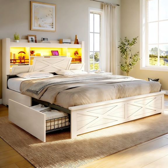 Bed Frame Full with Storage Flip-Down Lighted Headboard & Charger, Farmhouse Wood Platform Bed with 4 Drawers Metal Slats White