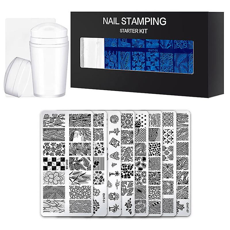 10Pcs/Set Nail Stamping Plates with Silicone Clear Stamper Scraper Flowers Geometry Printing for Nail Art Stamping Plates Manicure Art Tool Kit