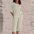 thumbnail image 3 of Zynoxe Womens Two Piece Set with Pockets Fashion Crew Neck 3/4 Sleeve Top Elastic Waist Capri Shorts Suit Lightweight Breathable Split Side Vacation Outfits Plus Size Solid Color Summer Sets 2XL, 3 of 6
