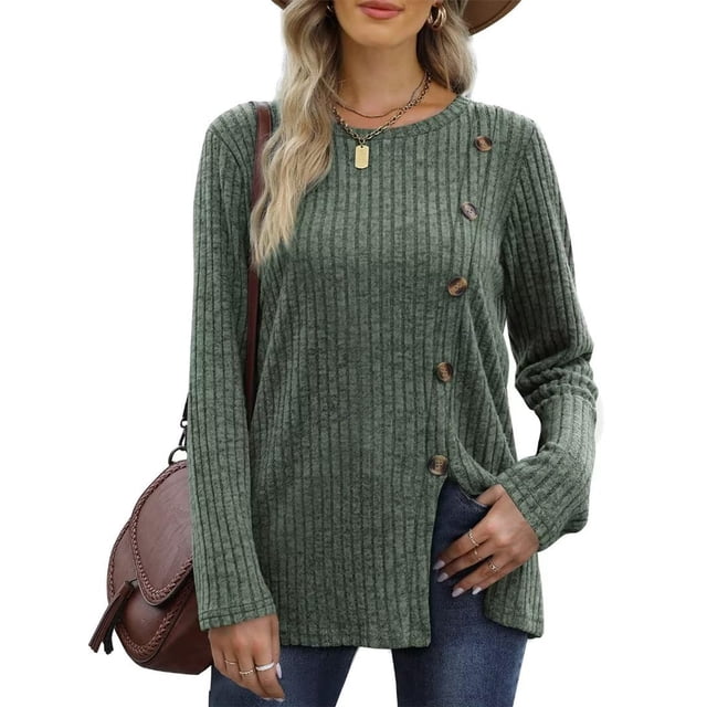 ZAXARRA Women's Button Front Knit Sweaters Casual Long Sleeve Round Neck Solid Color Loose Tunic Tops Jumpers