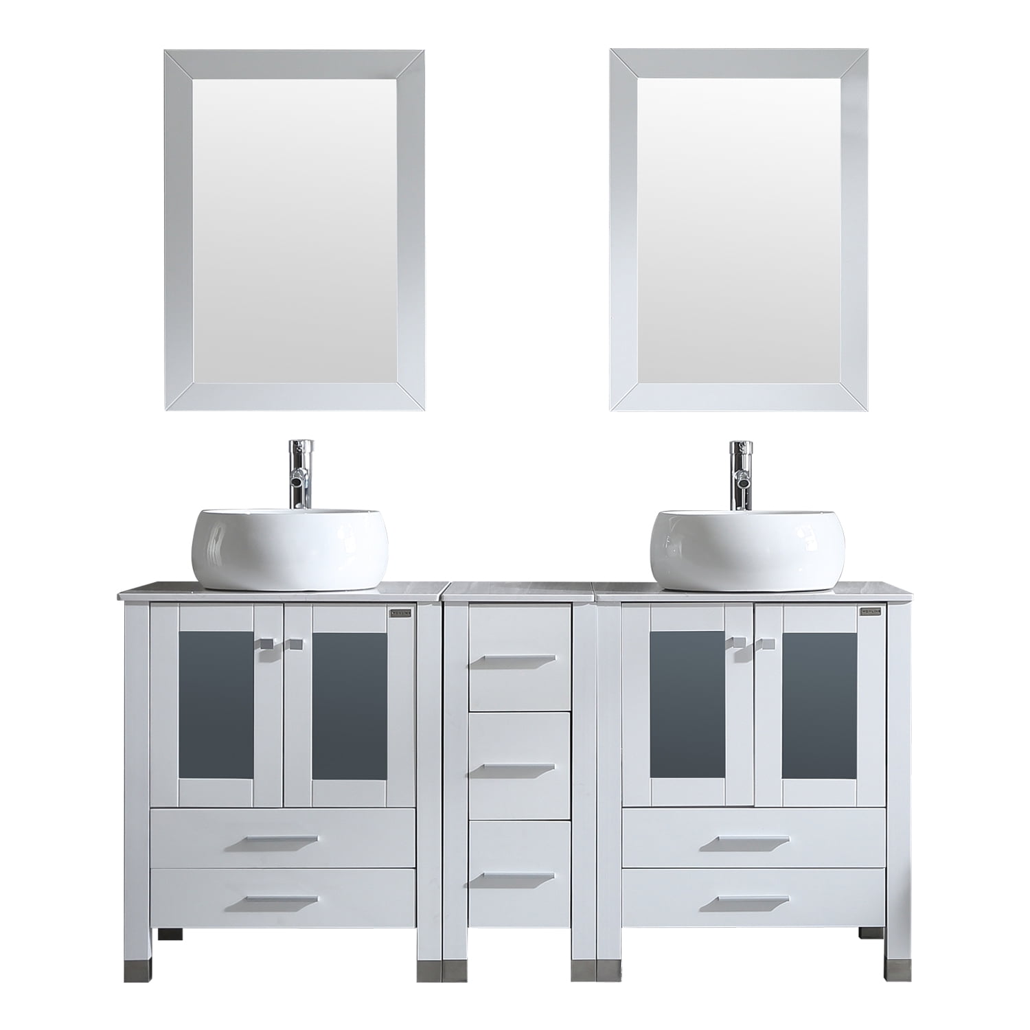 Wonline 60 White Bathroom Vanity Cabinet And Double Round Ceramic Vessel Sink Equipped With Chrome Faucet Drain And Mirror Vanities Set Walmart Com