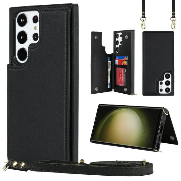 Dteck Crossbody Wallet Case for Samsung Galaxy S23 Ultra,Magnetic Leather RFID Blocking Card Slots Pocket Case Shockproof Rubber Kickstand Cover with Shoulder Strap,Black