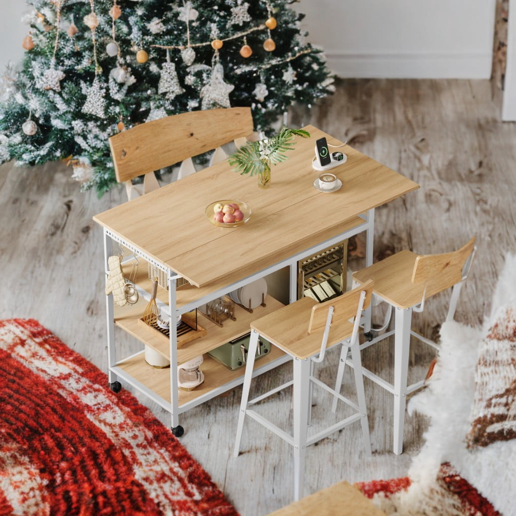 LEDREM Kitchen Island Cart with Extendable Worktop - 47.2" Wide, Power Strip, Adjustable Shelf & Pegboard, Locking Wheels, Golden Oak and White