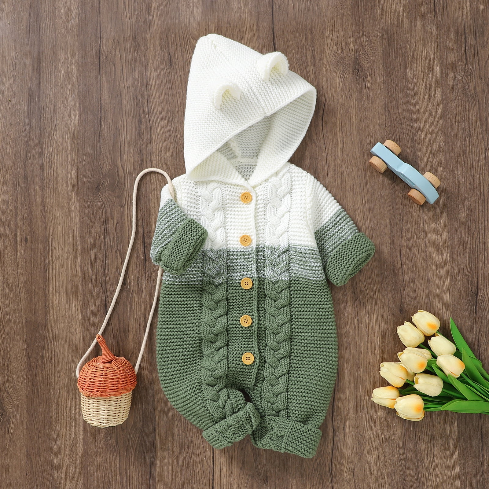 FYMNSI Newborn Baby Girl Boy Hooded Romper Infant Button Down Knitted Jumpsuit Fall Winter Clothes 0-3 Months Green
