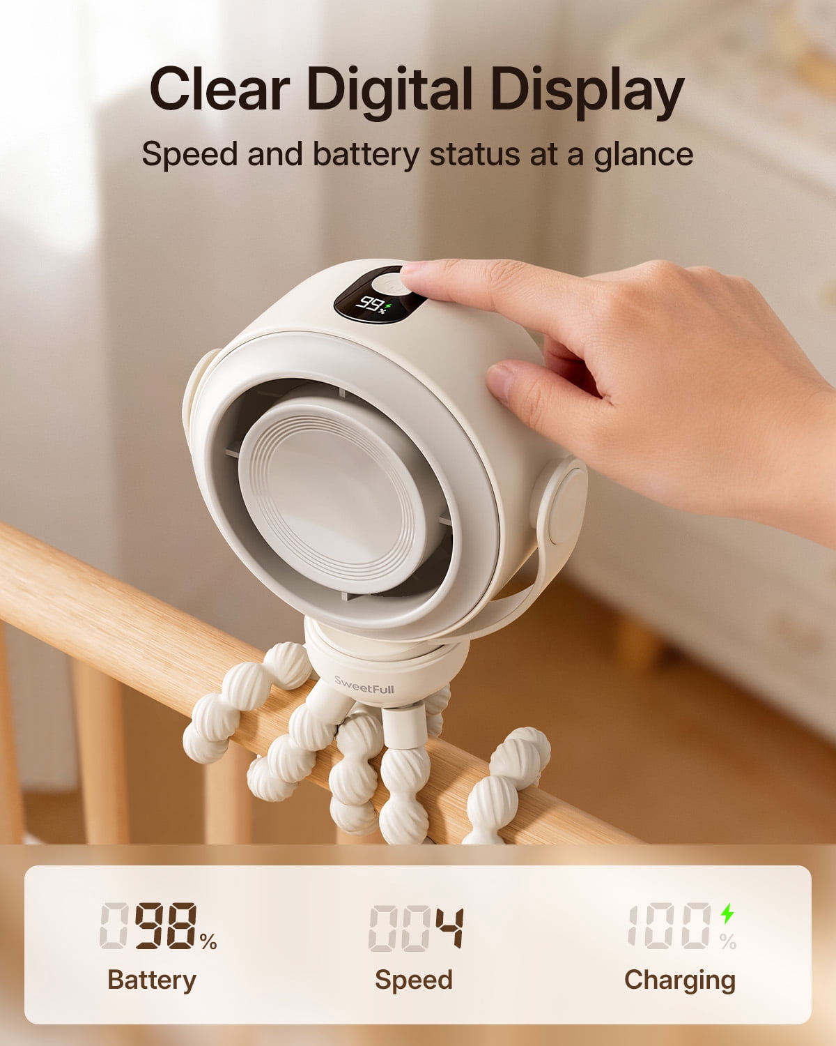 SWEETFULL Portable Stroller Fan, Pinch-Proof Baby Fan, 10H Battery, 5-Speed Quiet Mini Clip on Fan, USB-C Rechargeable with LED Display for Car Seat, Crib & Travel – Cream
